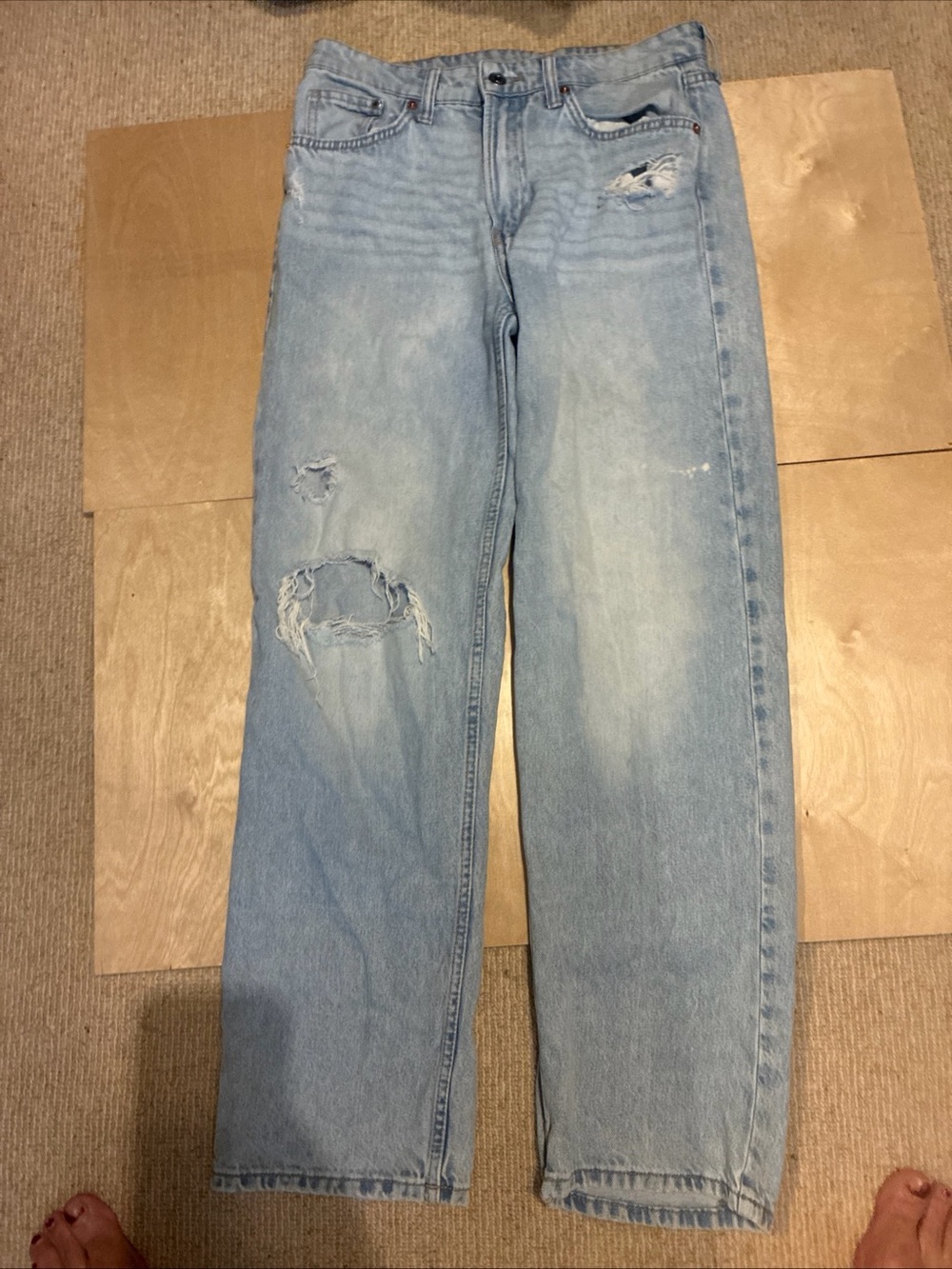 &Denim Size.4 Relaxed Light Blue Distressed Jeans Low Waist